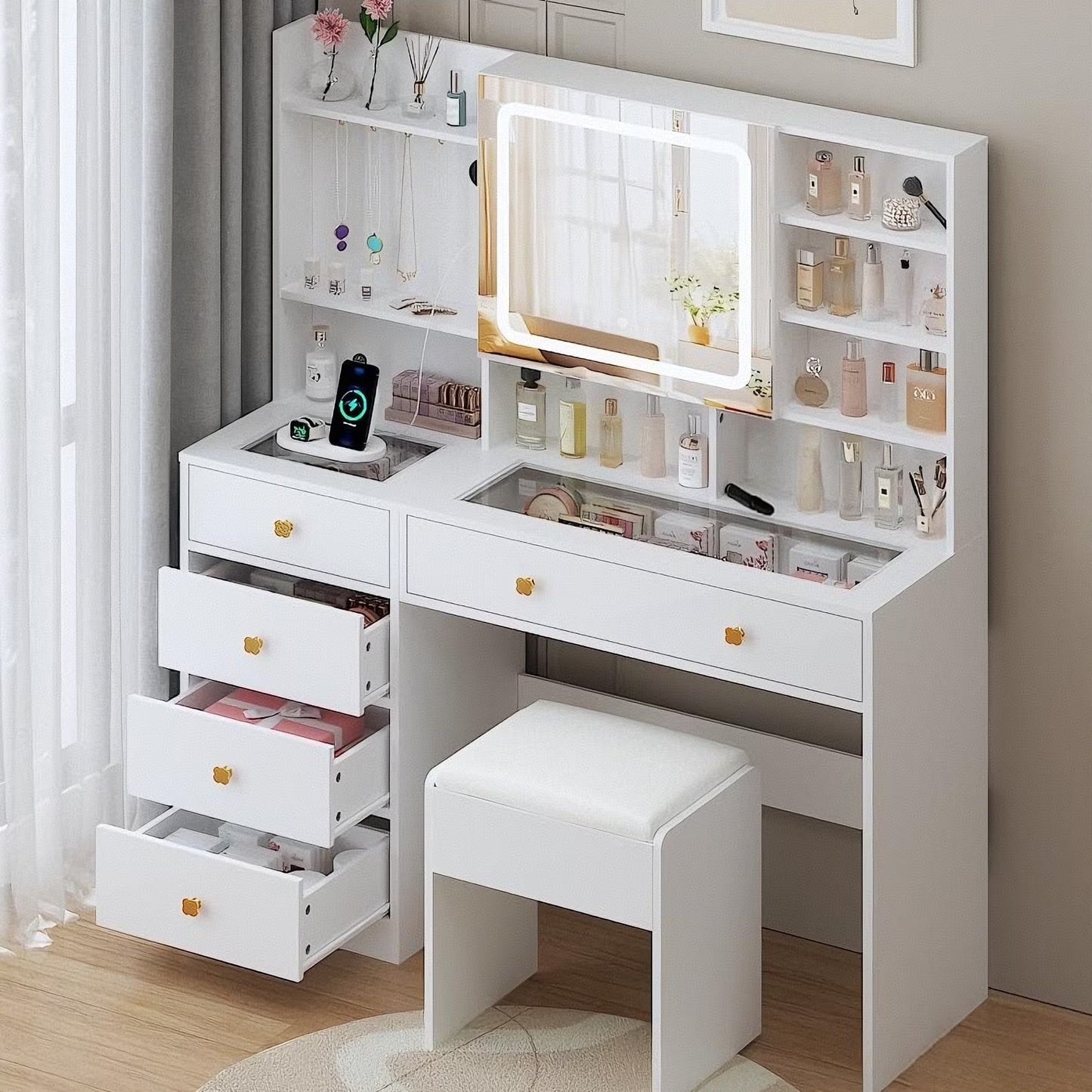 Large 47.2" Makeup Vanity with 3 Color Lights, Vanity Desk with USB Charging Station, Vanity Makeup Table with Visible Drawers, Hidden and Open Storage Shelves, White