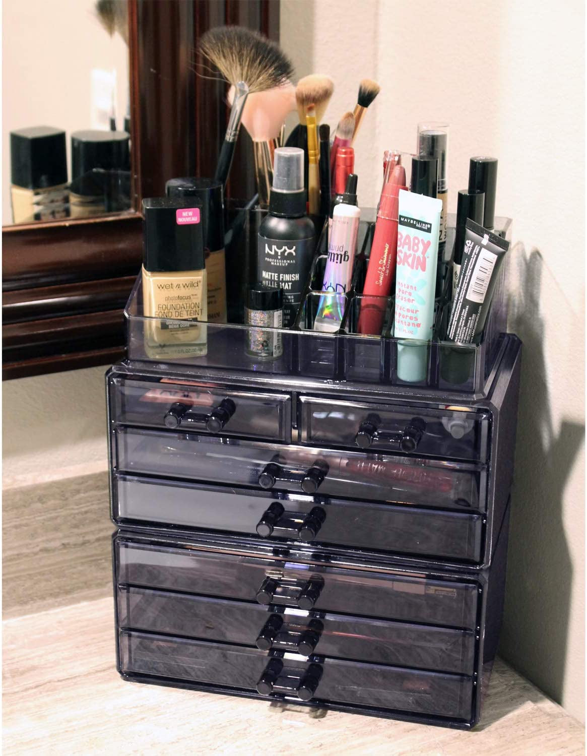 Cosmetics Makeup and Jewelry Storage Case Display, Stylish Bathroom Case Great for Lipstick, Nail Polish, Brushes, Jewelry and More, Overall: 9 1/4"W X 5 3/8"D X 11 5/8"H, Gray