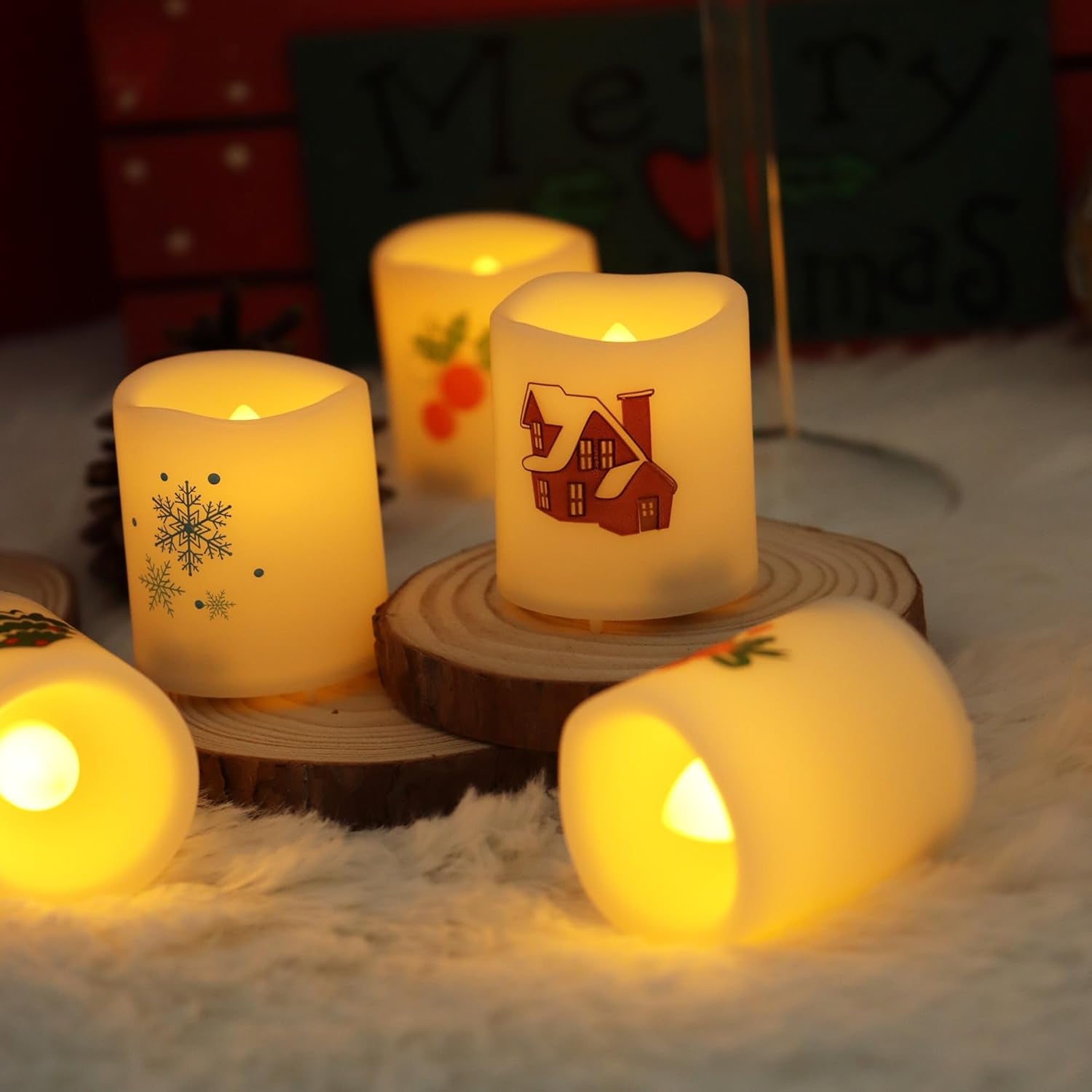 Christmas Battery Operated Flameless Votive Candles Small Realistic Flickering Electric LED Votives with Christmas Theme Decals for Xmas Party Decorations 12 Pack Batteries Included