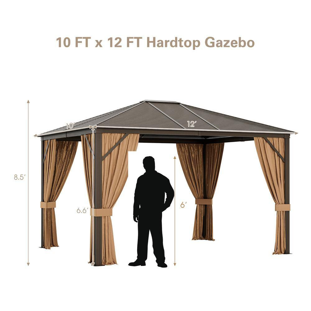 12 Ft. X 10 Ft. Brown Patio Hardtop Gazebo with Galvanized Steel Top Aluminum Frame Outdoor