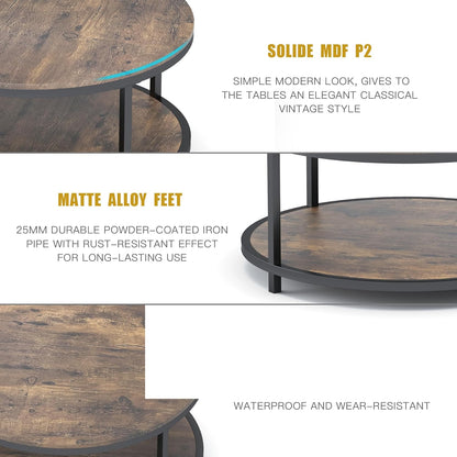 36 Inches round Coffee Table, Rustic Wooden Surface Top & Sturdy Metal Legs Industrial Sofa Table for Living Room Modern Design Home Furniture with Storage Open Shelf (Brown)