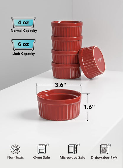 Ramekins 4 OZ Oven Safe, Creme Brulee Ramekins, Pudding Custard Cups Souffle Ramiken, Dipping Sauce Dishes, Ceramic Ramekin Bowls Set of 6, True Red