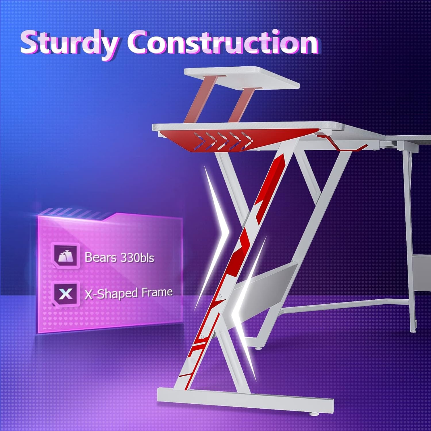 White Gaming Desk L Shaped, Gamer Desk Gaming Table with Carbon Fiber Surface, Corner Computer Desk L Shape with Cup Holder & Headphone Hook, 51 Inch