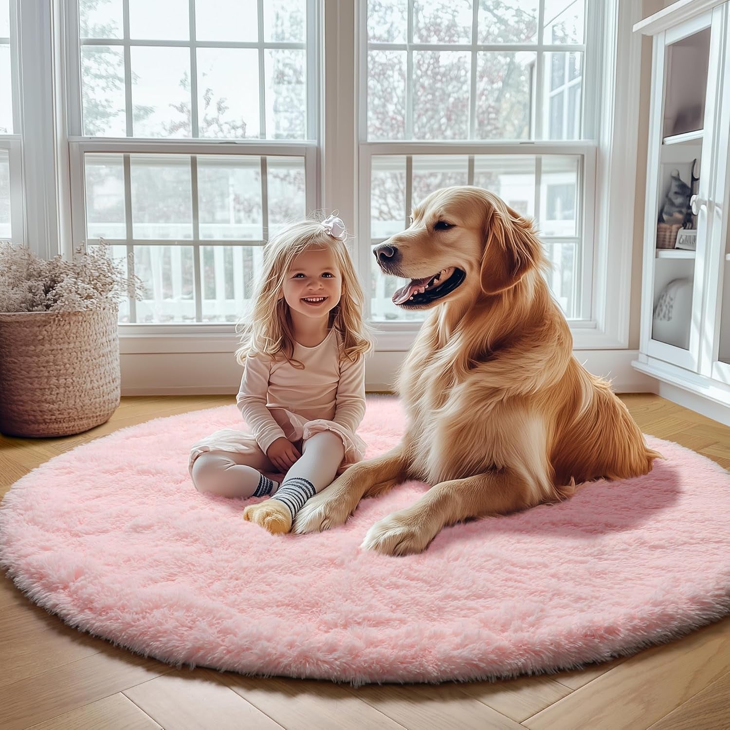 Light Pink round Area Rugs 2Ft for Bedroom Living Room, Fluffy Cat Dog Bed Mat, Washable Circle Rug for Kids Girls Boys Teen, Soft Plush Shaggy Carpet for Nursery Dorm Home Decor Aesthetic