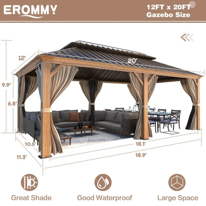 12' X 20' Hardtop Gazebo, Wooden Finish Coated Aluminum Frame Gazebo with Galvanized Steel Double Roof with Curtains and Netting