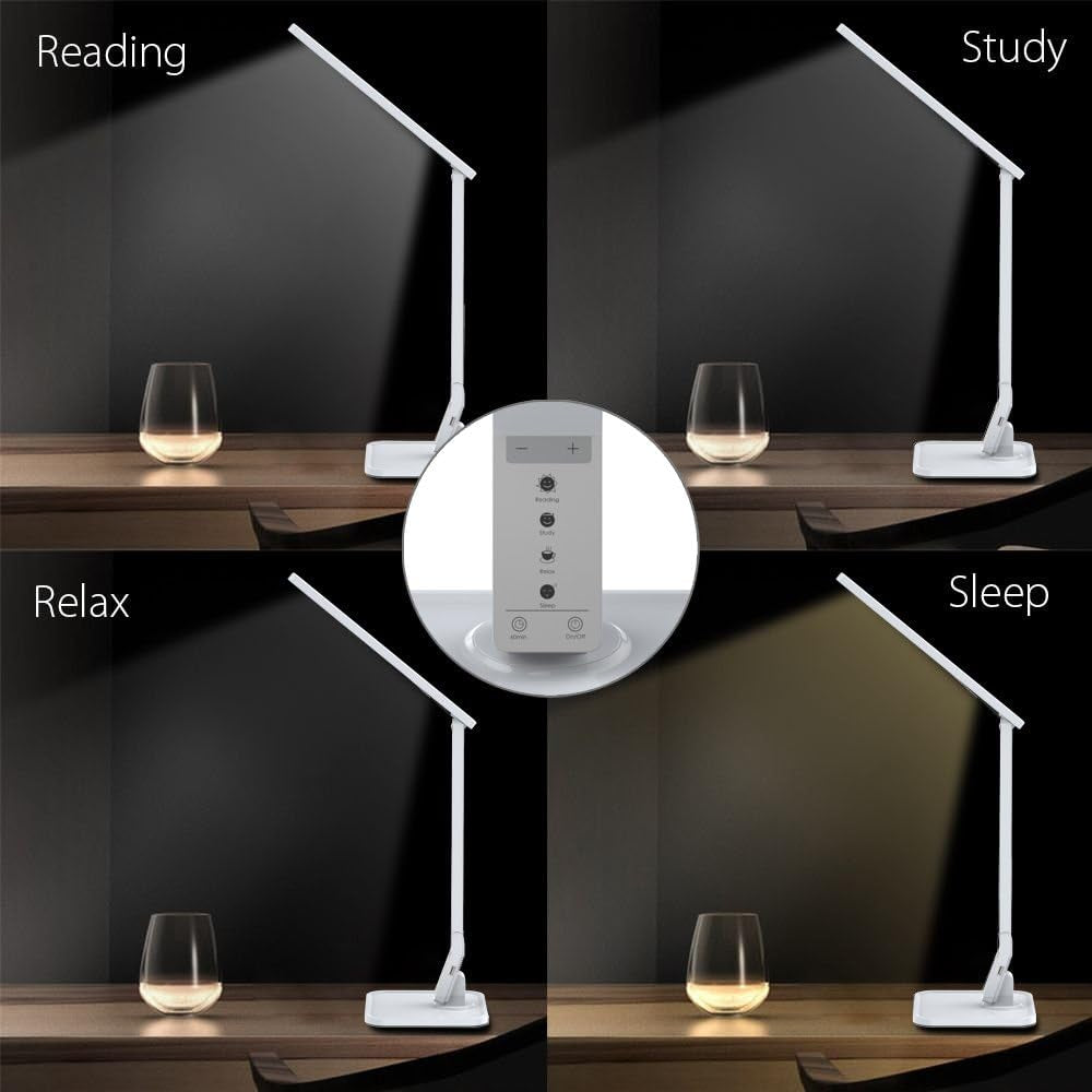 LED Desk Lamp  FT-L798, 5-Level Dimmer, Touch Control Panel, 1-Hour Auto Timer, 5V/1A USB Charging Port - Jet Black (White)