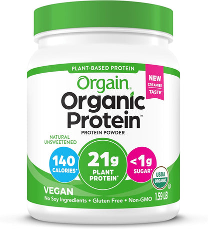 Organic Vegan Protein Powder, Natural Unsweetened - 21G of Plant Protein, 4G Prebiotic Fiber, Low Net Carbs, No Lactose Ingredients, No Added Sugar, Non-Gmo, for Shakes & Smoothies, 1.59 Lb