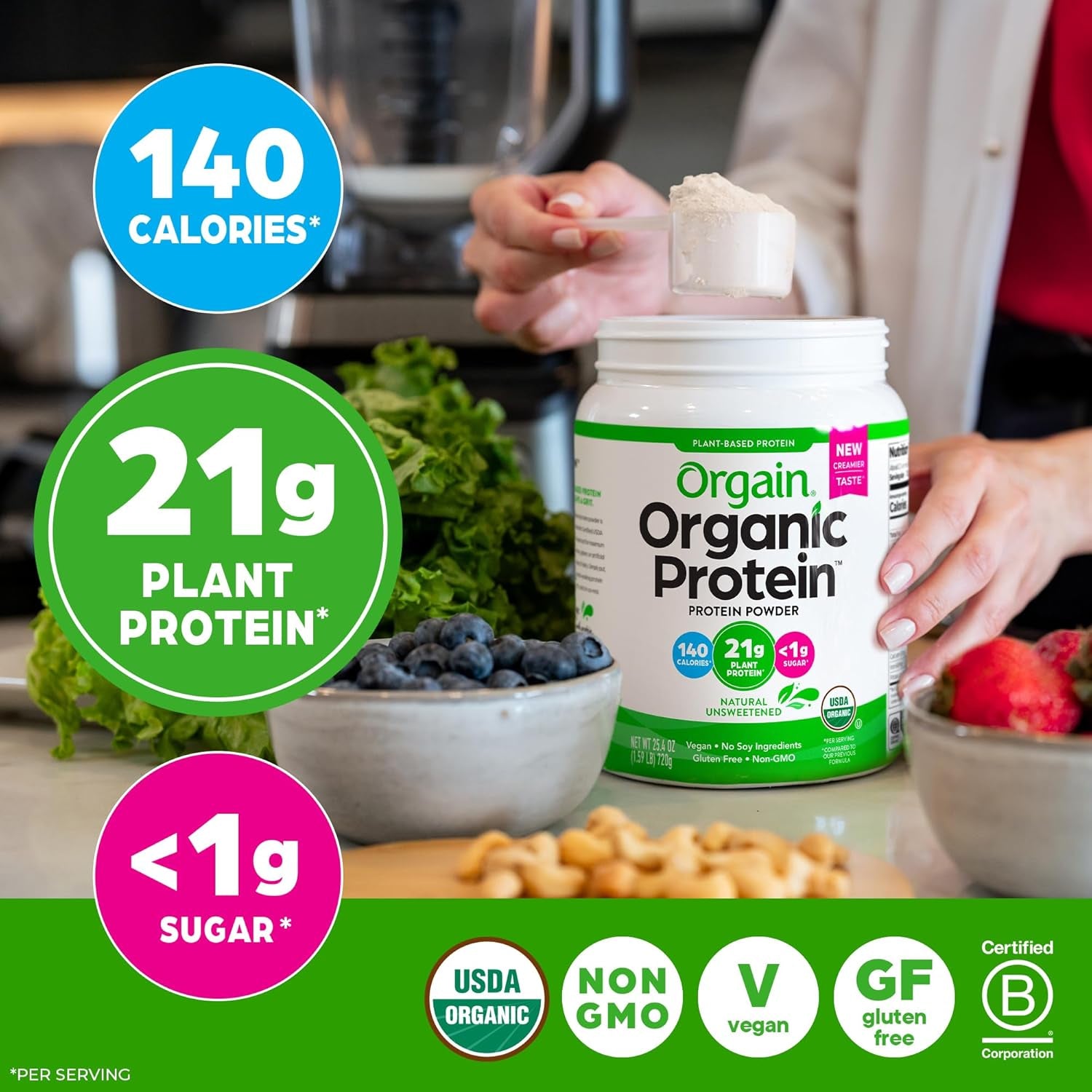 Organic Vegan Protein Powder, Natural Unsweetened - 21G of Plant Protein, 4G Prebiotic Fiber, Low Net Carbs, No Lactose Ingredients, No Added Sugar, Non-Gmo, for Shakes & Smoothies, 1.59 Lb