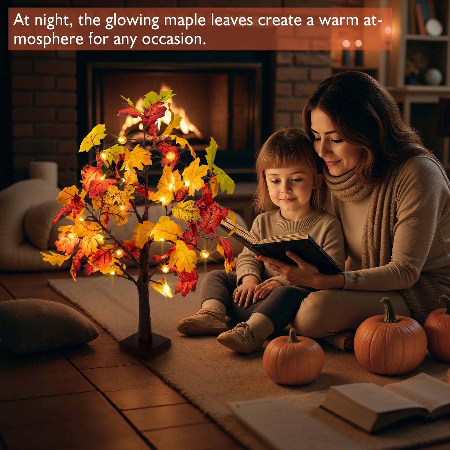 Fall Decorations for Home, 25" 24 LED Artificial Fall Maple Leaves Table Tree with Pumpkins Lights Indoor Wedding Party Autumn Thanksgiving Decor