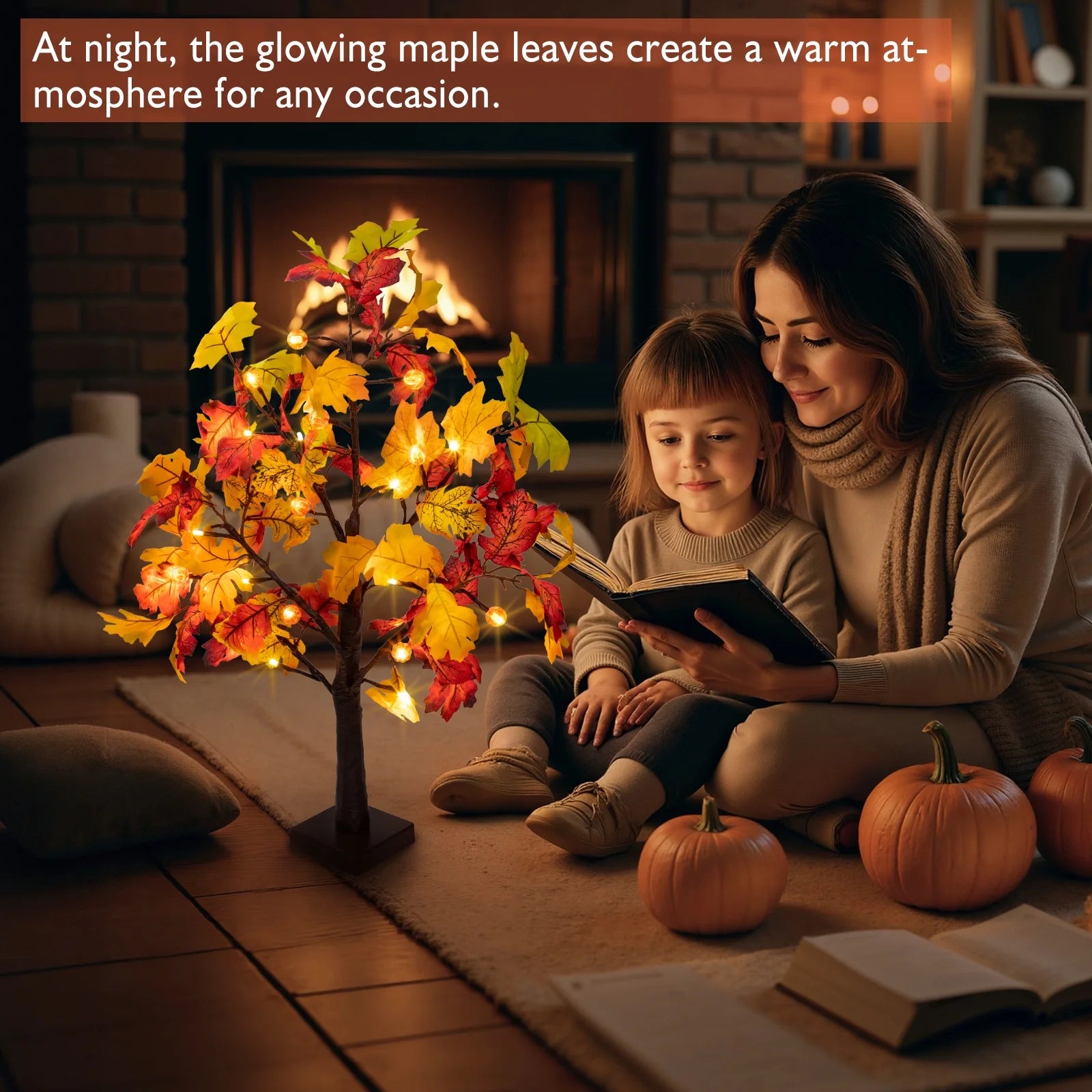 Fall Decorations for Home, 25" 24 LED Artificial Fall Maple Leaves Table Tree with Pumpkins Lights Indoor Wedding Party Autumn Thanksgiving Decor