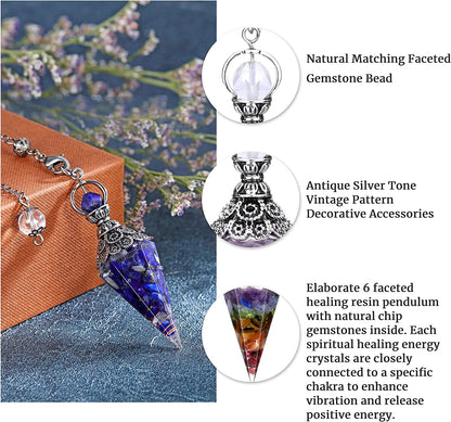 Natural Lapis Lazuli Healing Crystal Dowsing Pendulum Reiki Gemstone Chips Orgone Pendulum 6 Faceted Hexagonal Pointed Resin Spiritual Pendant for Divination, Wicca, Energy Balancing