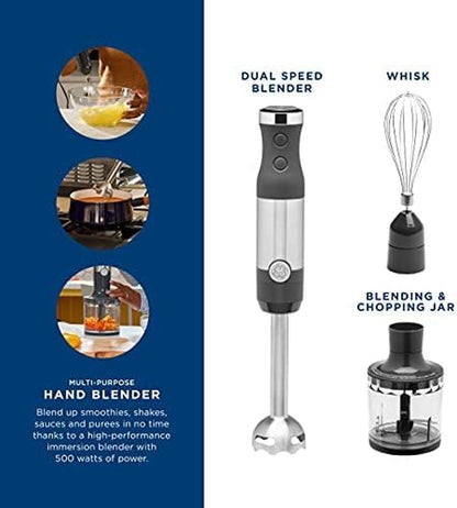 Immersion Blender | Handheld Blender for Shakes, Smoothies, Baby Food & More | Includes Whisk & Blending Jar | 2-Speed | Interchanable Attachment for Easy Clean | 500 Watts | Stainless Steel