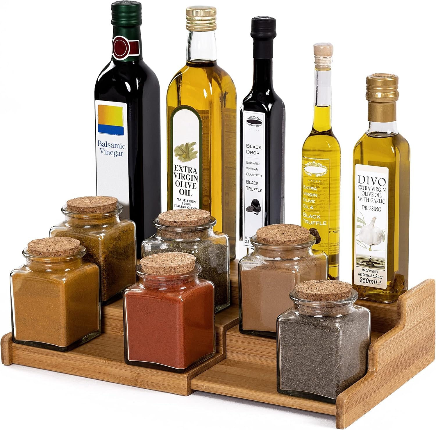 Bamboo Premium Wood 3-Tier Step Shelf Spice & Seasoning Storage Rack Organizer, for Kitchen, Cabinet, Countertop, Pantry, Bathroom, Salon, Bamboo, Expandable 8.5" - 15" W