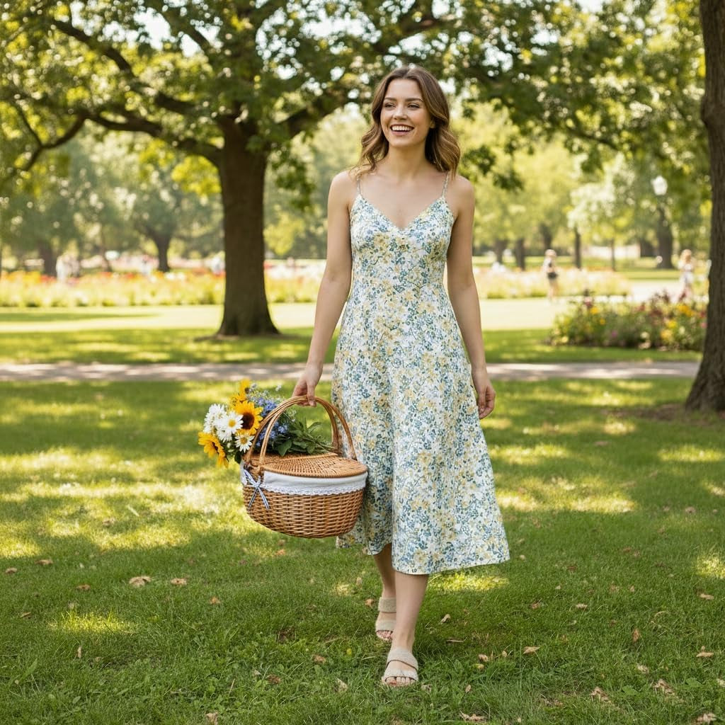 Wicker Picnic Basket with Lid and Handle Sturdy Woven Body with Washable Lining for Easter,Mother'S Day,Outdoor Camping,Not Dyed