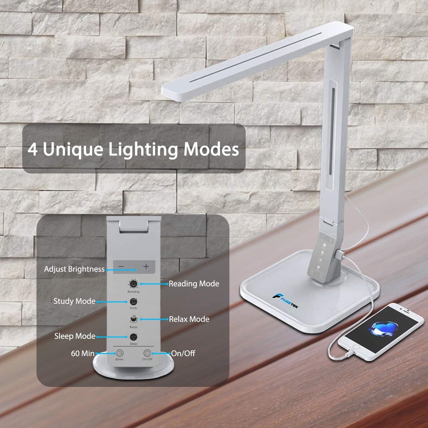 LED Desk Lamp  FT-L798, 5-Level Dimmer, Touch Control Panel, 1-Hour Auto Timer, 5V/1A USB Charging Port - Jet Black (White)