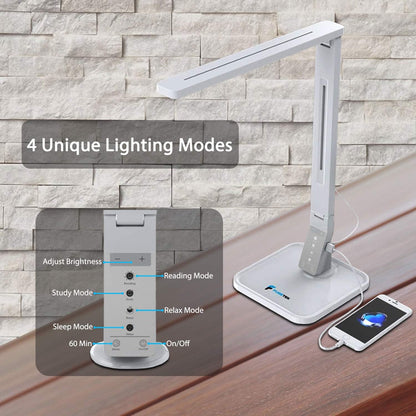 LED Desk Lamp  FT-L798, 5-Level Dimmer, Touch Control Panel, 1-Hour Auto Timer, 5V/1A USB Charging Port - Jet Black (White)