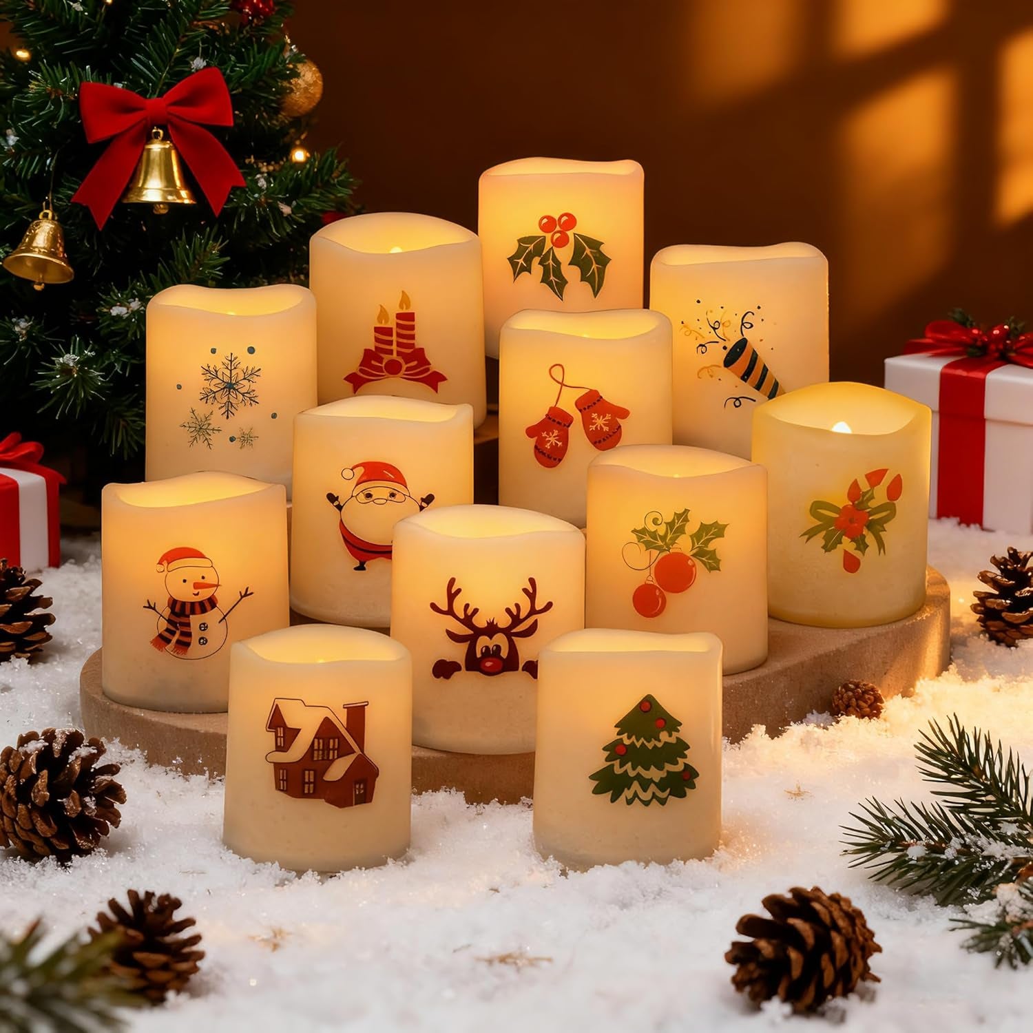 Christmas Battery Operated Flameless Votive Candles Small Realistic Flickering Electric LED Votives with Christmas Theme Decals for Xmas Party Decorations 12 Pack Batteries Included