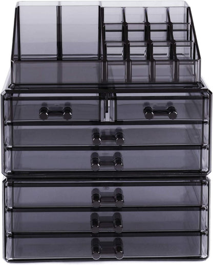 Cosmetics Makeup and Jewelry Storage Case Display, Stylish Bathroom Case Great for Lipstick, Nail Polish, Brushes, Jewelry and More, Overall: 9 1/4"W X 5 3/8"D X 11 5/8"H, Gray