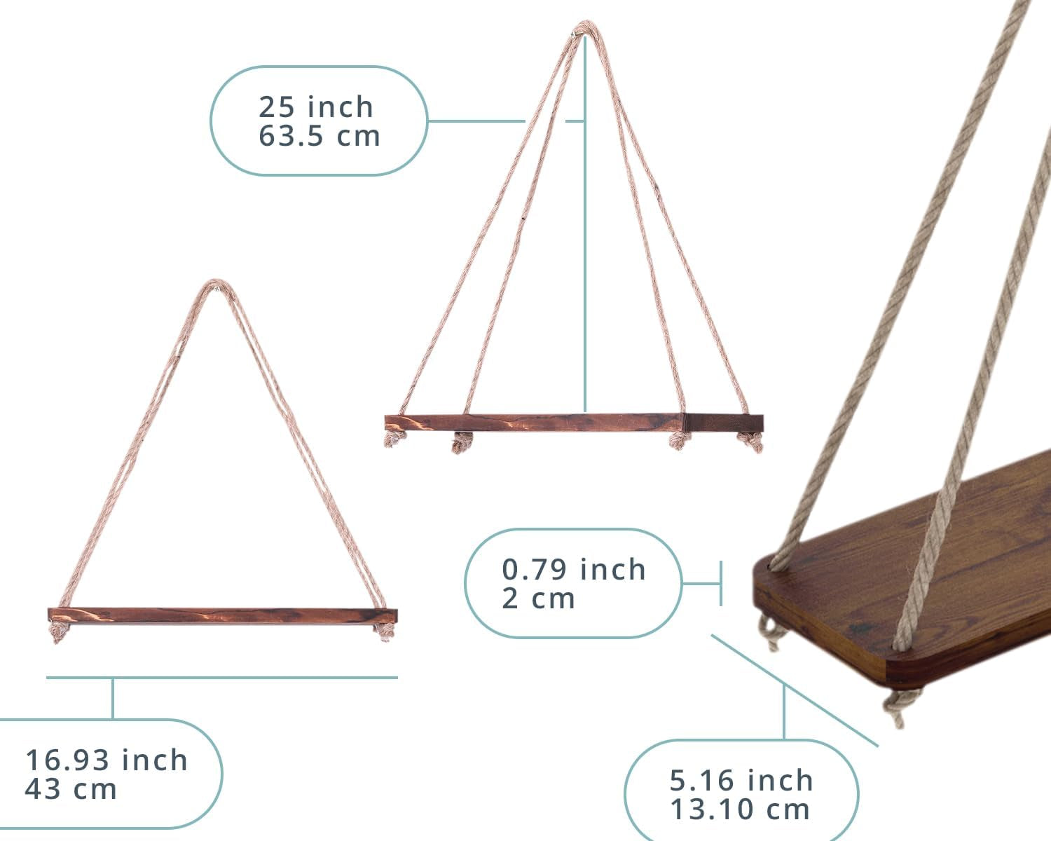 Hanging Shelves for Wall - Set of 2 – Rustic Farmhouse Boho Shelves with String – 17”X5.2” – Thick Distressed, Torched Look Real Wood - Brown Color