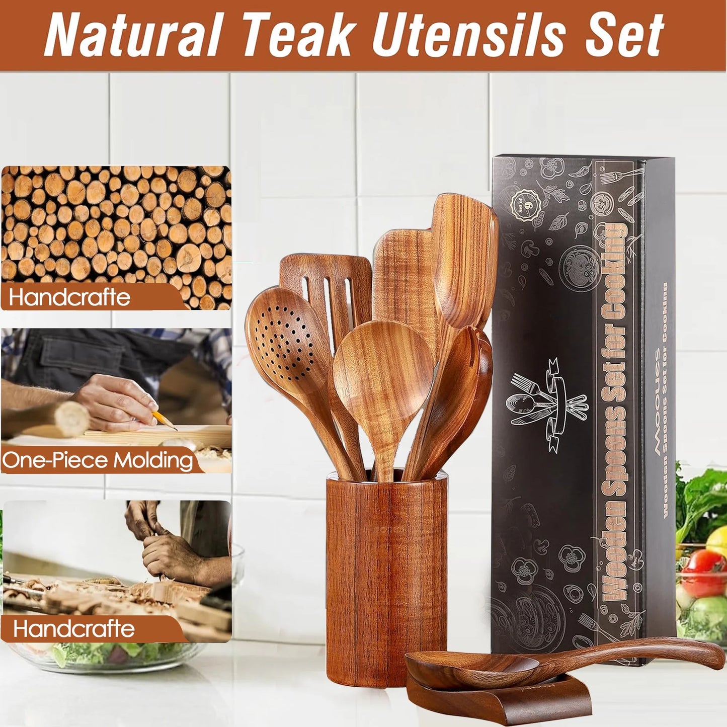 Wooden Spoons for Cooking, 9 Pcs Natural Teak Kitchen Utensil Set with Utensils Holder & Spoon Rest, Wooden Cooking Utensils for Nonstick Pans & Cookware