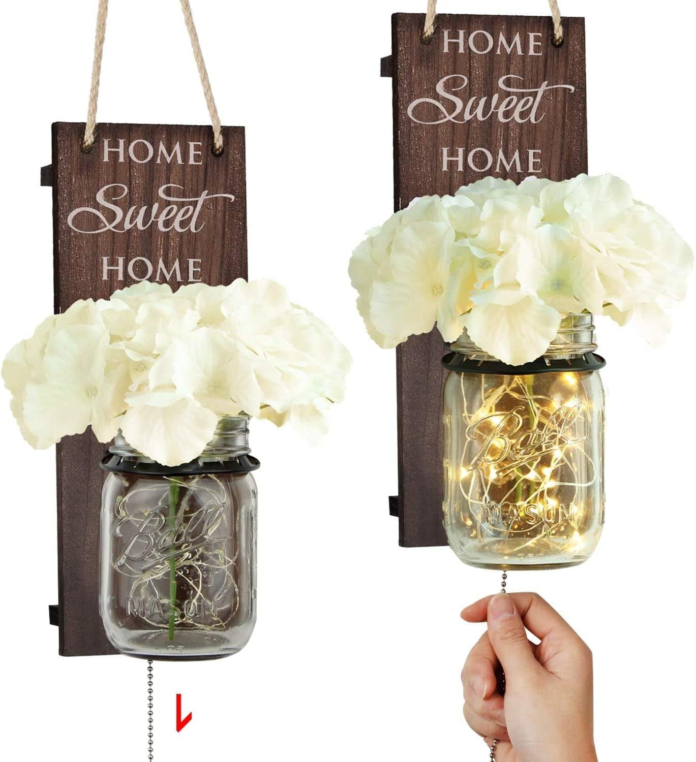 Rustic Wall Sconce - Mason Jar Wall Sconce, Farmhouse Home Decor with Pull Chain Switch, Silk Hydrangea and LED Strip Lights for Home Decoration Home Sweet Home Housewarming Gift Set of 2