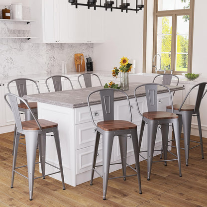 Metal Bar Stools Set of 4,24 Inch Barstools Counter Height Bar Stool with Backs Farmhouse Bar Stools with Larger Seat High Back Kitchen Dining Chairs Modern Bar Chairs 24" Silver Stool