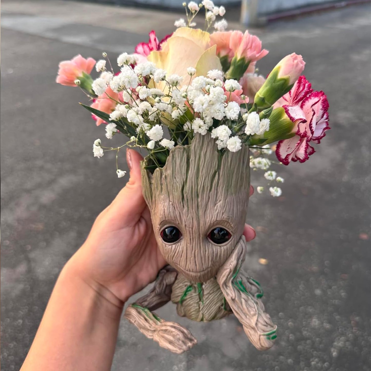 Baby Groot Pen Pot Tree Man Pens Holder or Flower Pot with Drainage Hole Perfect for a Tiny Succulents Plants 6" (Grayish Brown)