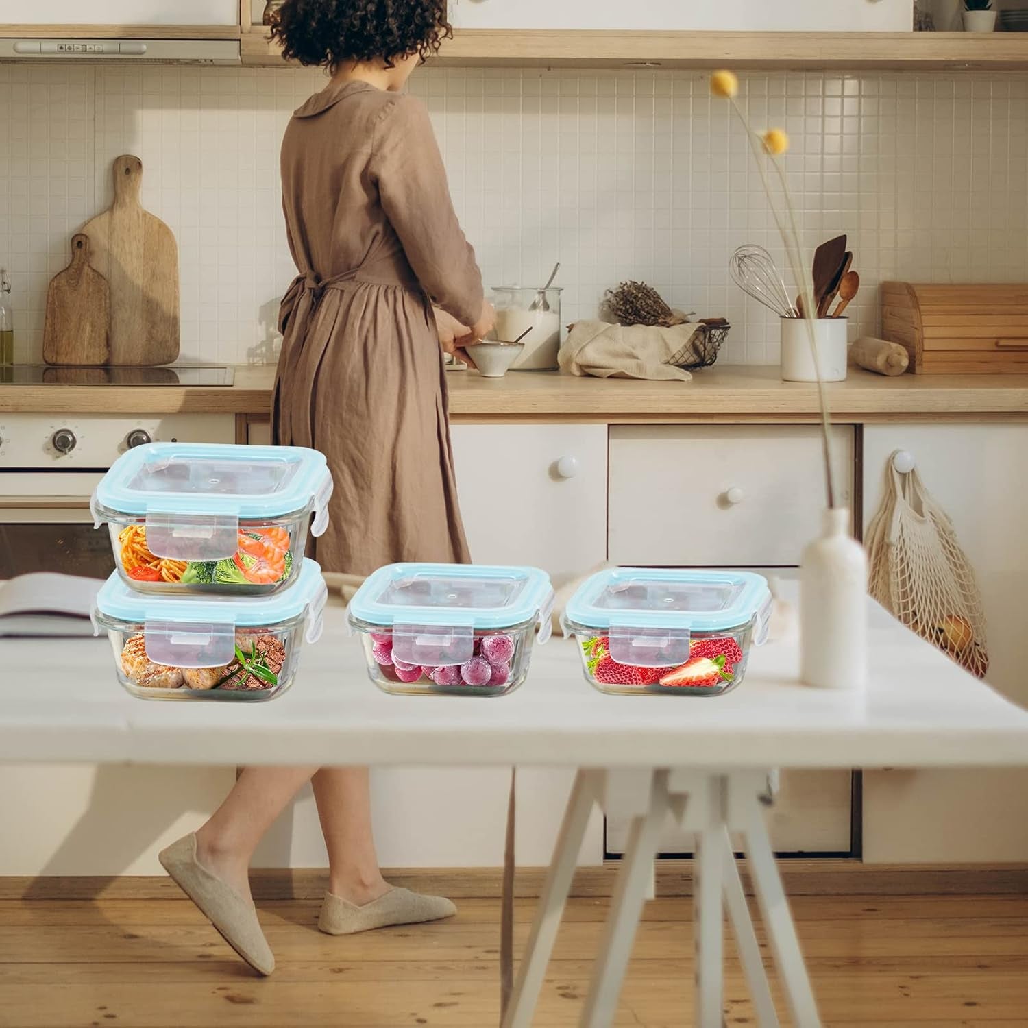 Glass Food Storage Containers with Lids Airtight 4 Pack, Glass Storage Containers with Lids for Food, Not Easy Broken & Leak Proof, Glass Containers with Lids for Oven/Dishwasher Safe, Blue