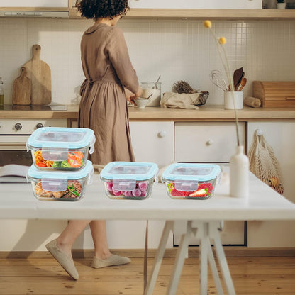 Glass Food Storage Containers with Lids Airtight 4 Pack, Glass Storage Containers with Lids for Food, Not Easy Broken & Leak Proof, Glass Containers with Lids for Oven/Dishwasher Safe, Blue