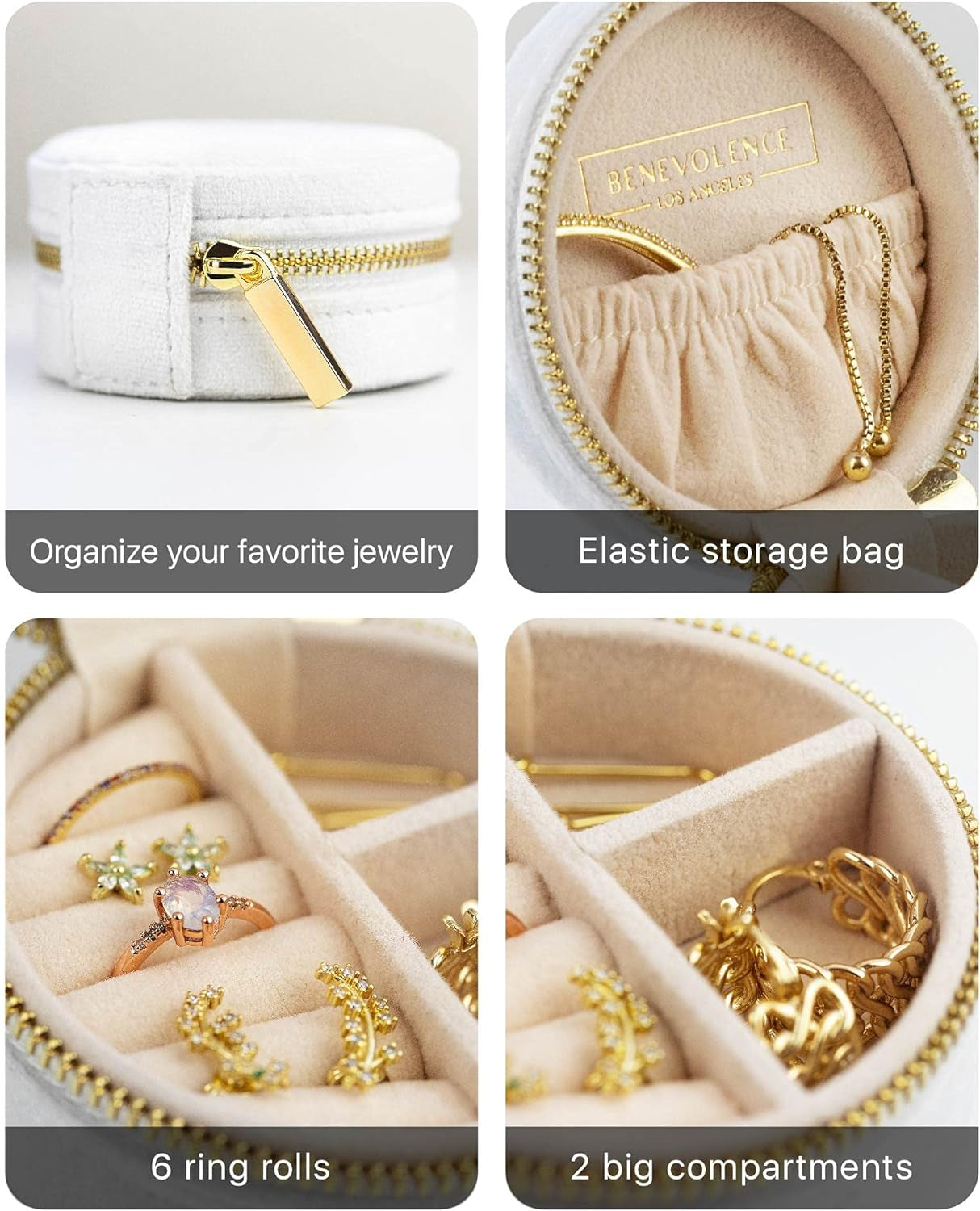 Velvet Travel Jewelry Box for Women – Compact round Zipper Case for Rings, Earrings & Necklaces – Small Portable Organizer & Giftable Storage – Pearl White