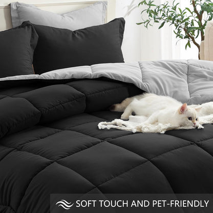 King Size Comforter Set Black, Comforter King Size Bed Set Lightweight Reversible down Alternative Bed Comforters Soft All Season 3 Piece Sets with 2 Sham Black/Light Grey