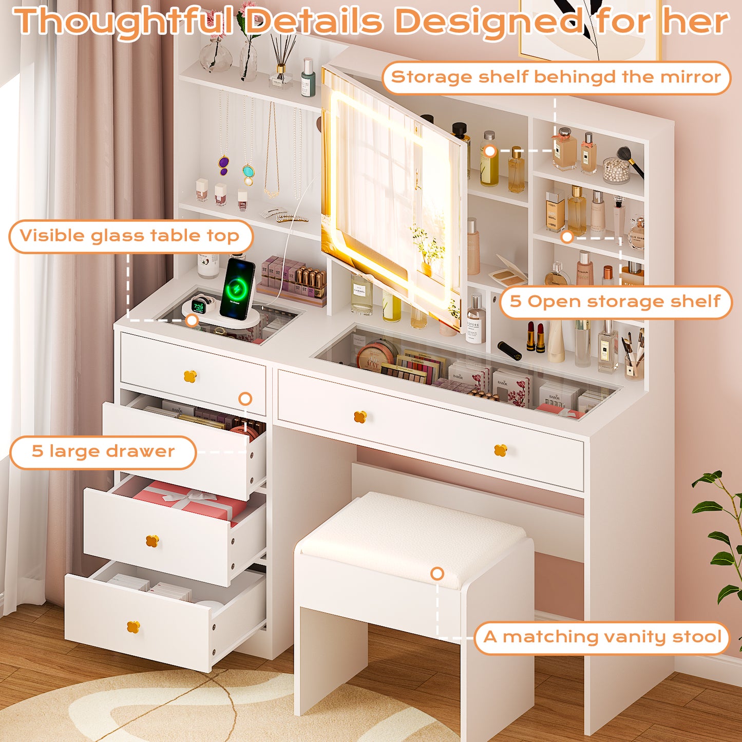 Large 47.2" Makeup Vanity with 3 Color Lights, Vanity Desk with USB Charging Station, Vanity Makeup Table with Visible Drawers, Hidden and Open Storage Shelves, White