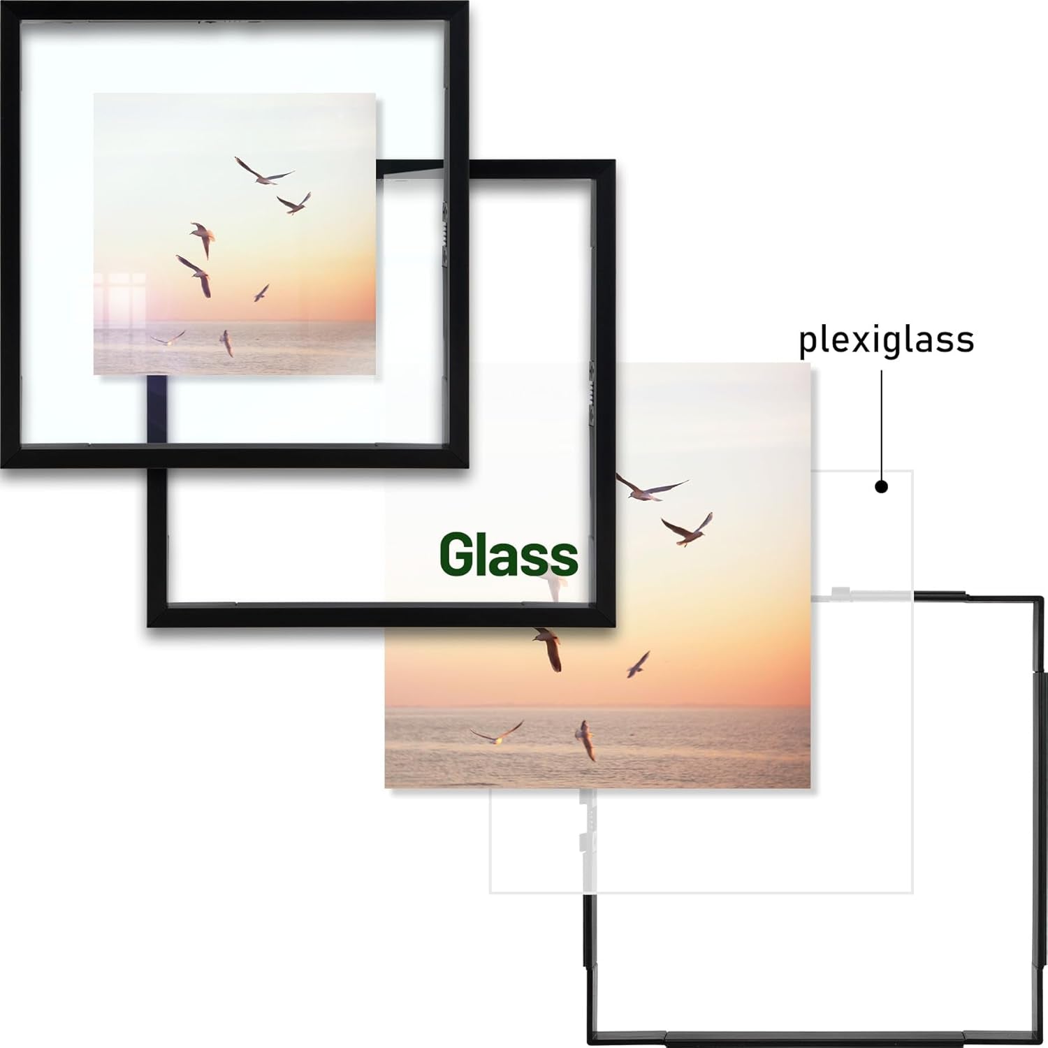 , Floating Picture Frame 8X8 - Black Aluminum Metal Photo Frame - Real Glass of Front - for Wall Mount Displays