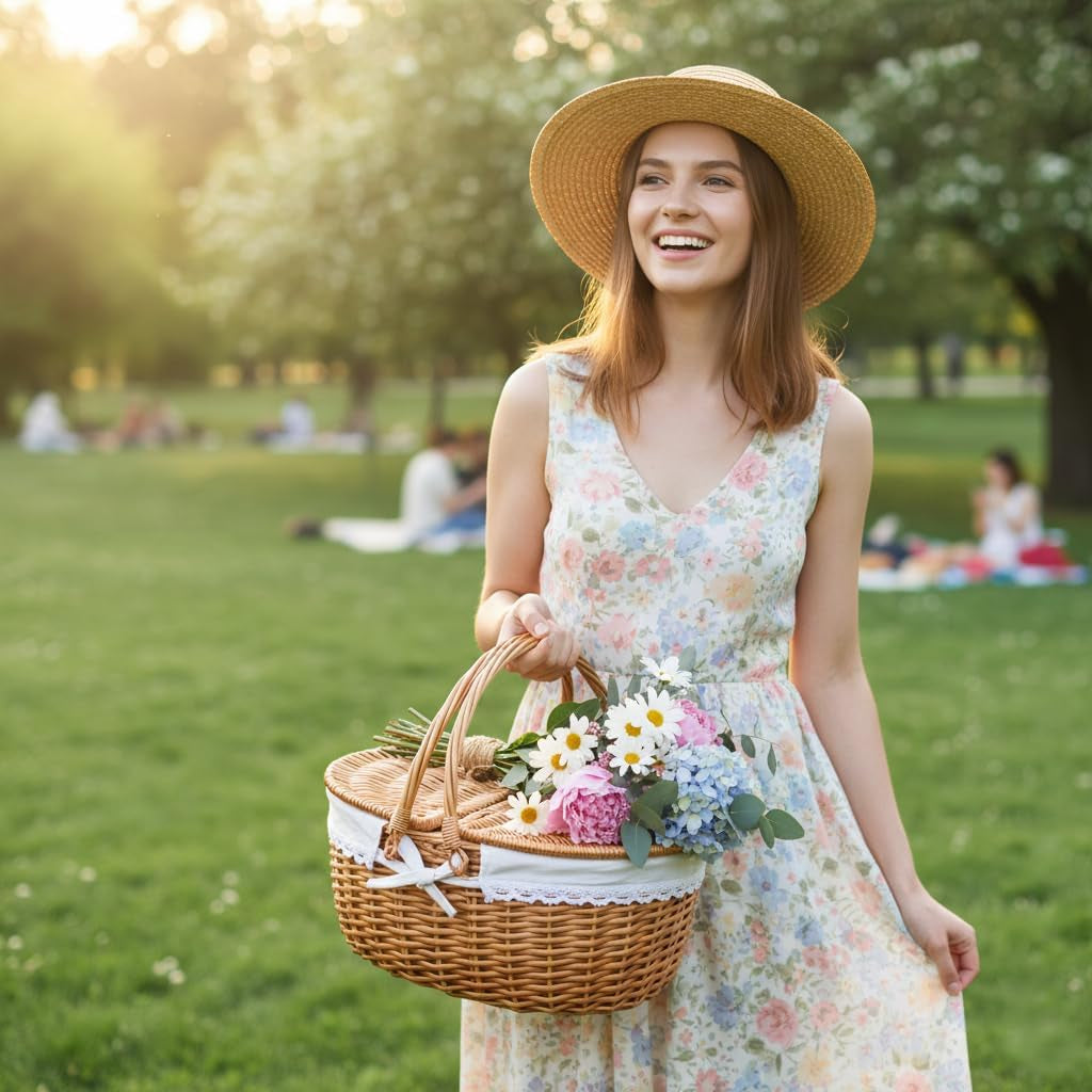 Wicker Picnic Basket with Lid and Handle Sturdy Woven Body with Washable Lining for Easter,Mother'S Day,Outdoor Camping,Not Dyed