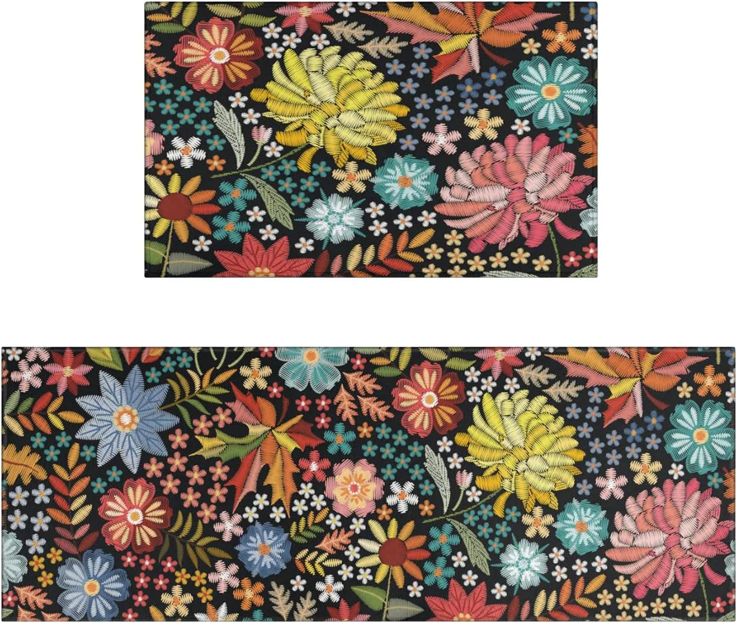 Boho Floral Kitchen Rug Mat Set of 2 Spring Colorful Flowers Kitchen Rugs Washable Non Slip Summer Kitchen Floor Mats