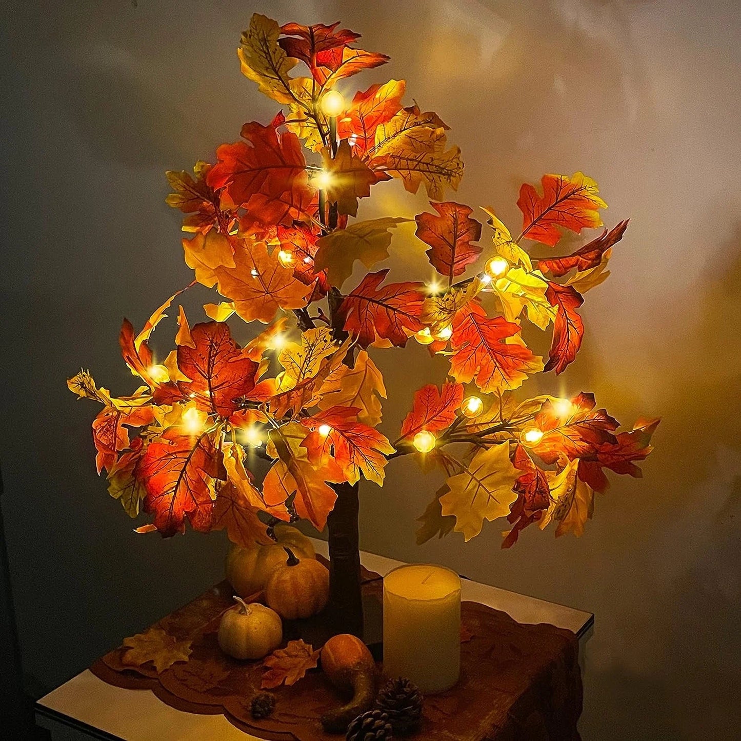 Fall Decorations for Home, 25" 24 LED Artificial Fall Maple Leaves Table Tree with Pumpkins Lights Indoor Wedding Party Autumn Thanksgiving Decor