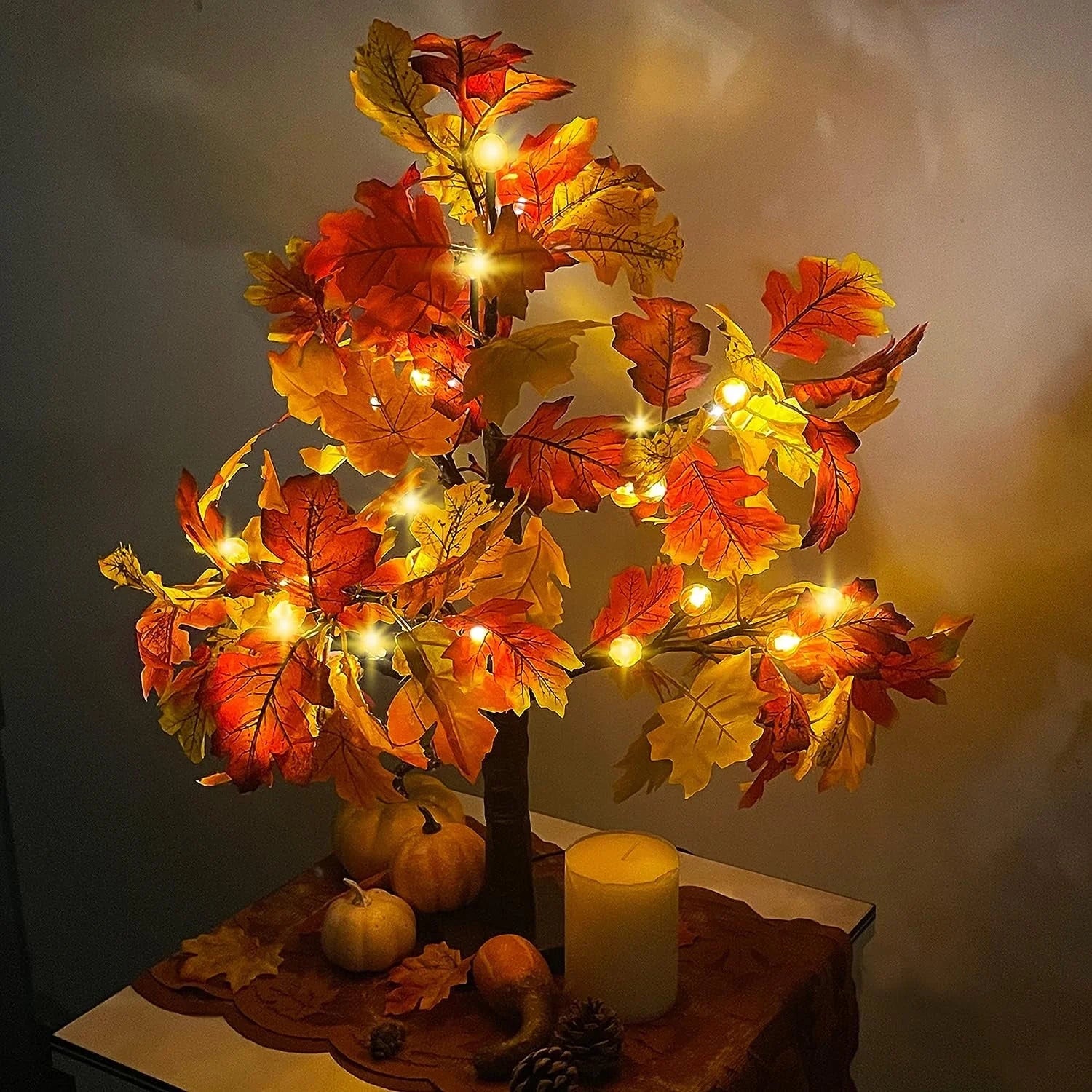 Fall Decorations for Home, 25" 24 LED Artificial Fall Maple Leaves Table Tree with Pumpkins Lights Indoor Wedding Party Autumn Thanksgiving Decor