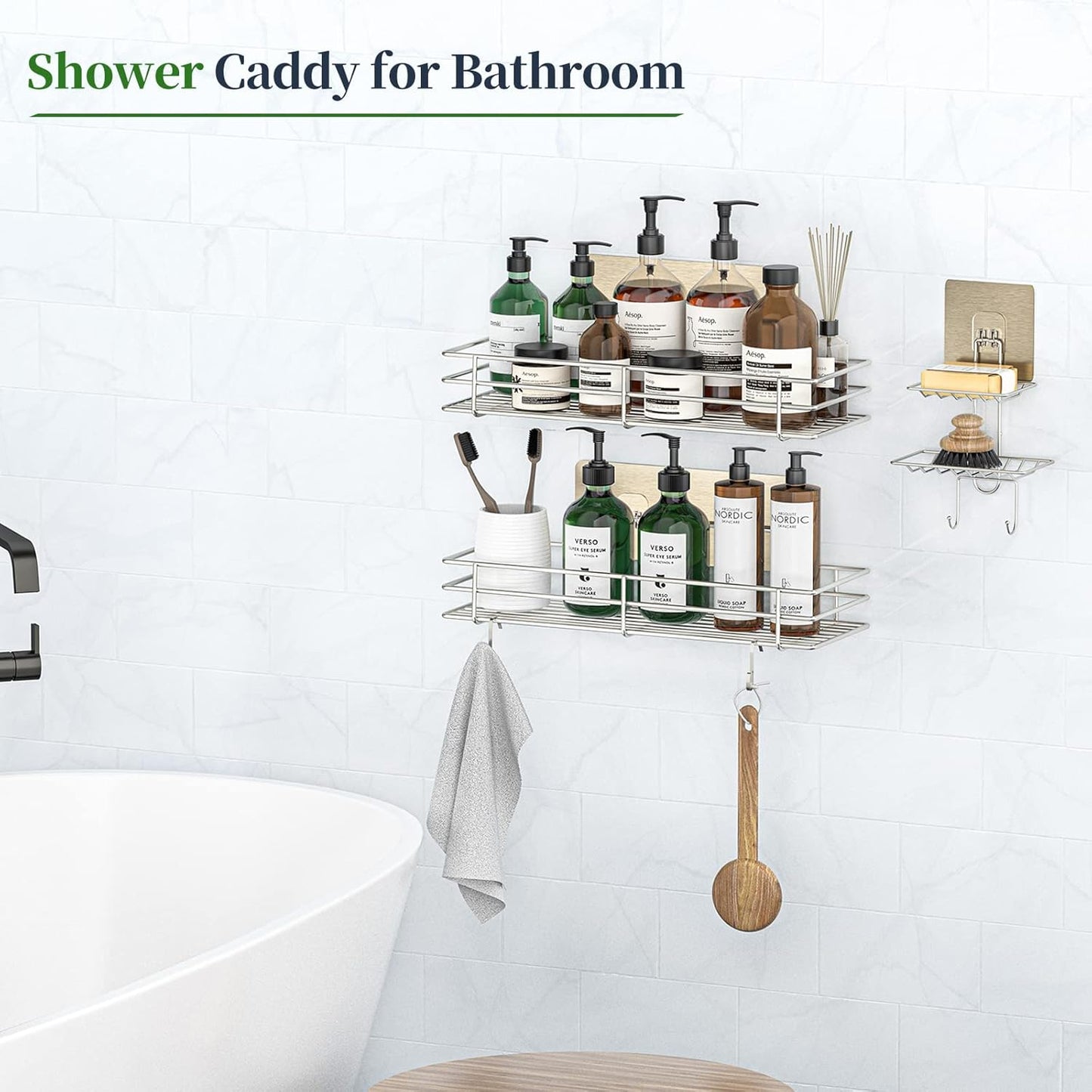 Shower Caddy Basket Shelf with Soap Holder 3 Pack, No Drilling Traceless Adhesive Shower Organizer Storage for Inside, Shower Wall Shelves with Hooks, SUS304 Stainless Steel Bathroom Organizer Shelf