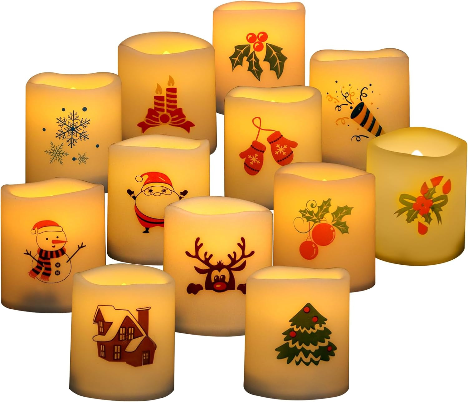 Christmas Battery Operated Flameless Votive Candles Small Realistic Flickering Electric LED Votives with Christmas Theme Decals for Xmas Party Decorations 12 Pack Batteries Included