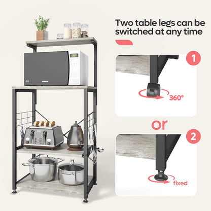 Kitchen Bakers Rack Microwave Stand Kitchen Cart on Wheels Utility Storage Shelf with 10 Side Hooks Kitchen Organizer Shelves with Adjustable Feet