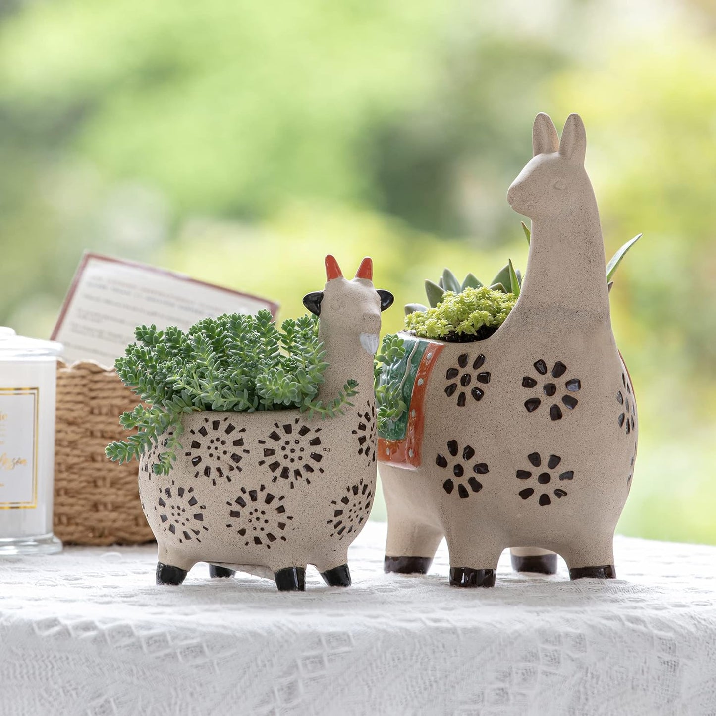 Ceramic Animal Succulent Planter Pots - 6.1 + 4.5 Inch Cute Alpaca/Llama & Goat Rough Pottery Unglazed Desktop Flower Plant Pots Indoor, Home Decor Gifts for Mom, Green