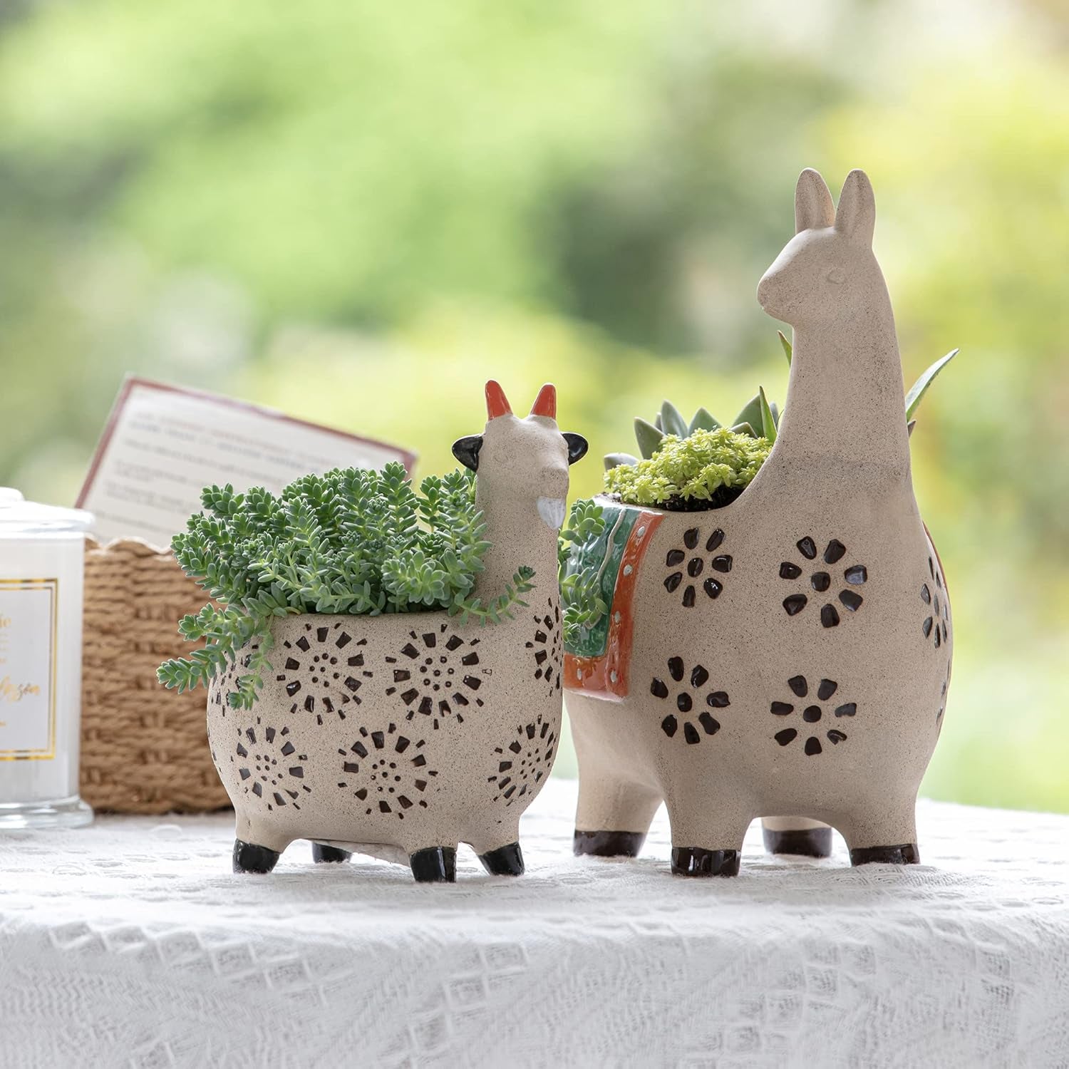 Ceramic Animal Succulent Planter Pots - 6.1 + 4.5 Inch Cute Alpaca/Llama & Goat Rough Pottery Unglazed Desktop Flower Plant Pots Indoor, Home Decor Gifts for Mom, Green