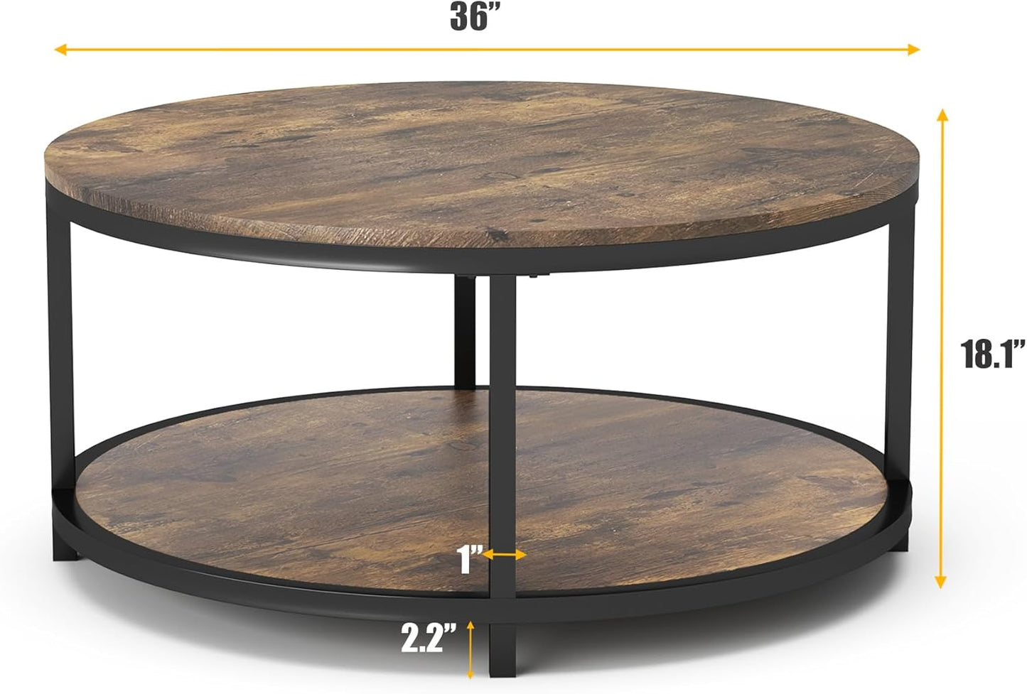 36 Inches round Coffee Table, Rustic Wooden Surface Top & Sturdy Metal Legs Industrial Sofa Table for Living Room Modern Design Home Furniture with Storage Open Shelf (Brown)