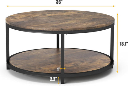 36 Inches round Coffee Table, Rustic Wooden Surface Top & Sturdy Metal Legs Industrial Sofa Table for Living Room Modern Design Home Furniture with Storage Open Shelf (Brown)