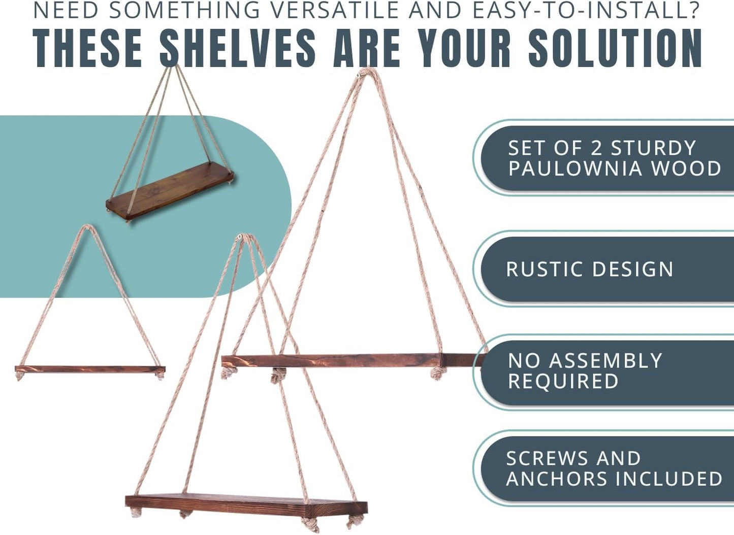 Hanging Shelves for Wall - Set of 2 – Rustic Farmhouse Boho Shelves with String – 17”X5.2” – Thick Distressed, Torched Look Real Wood - Brown Color