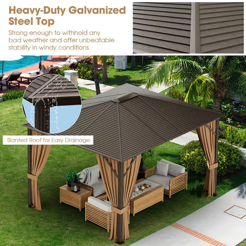 12 Ft. X 10 Ft. Brown Patio Hardtop Gazebo with Galvanized Steel Top Aluminum Frame Outdoor