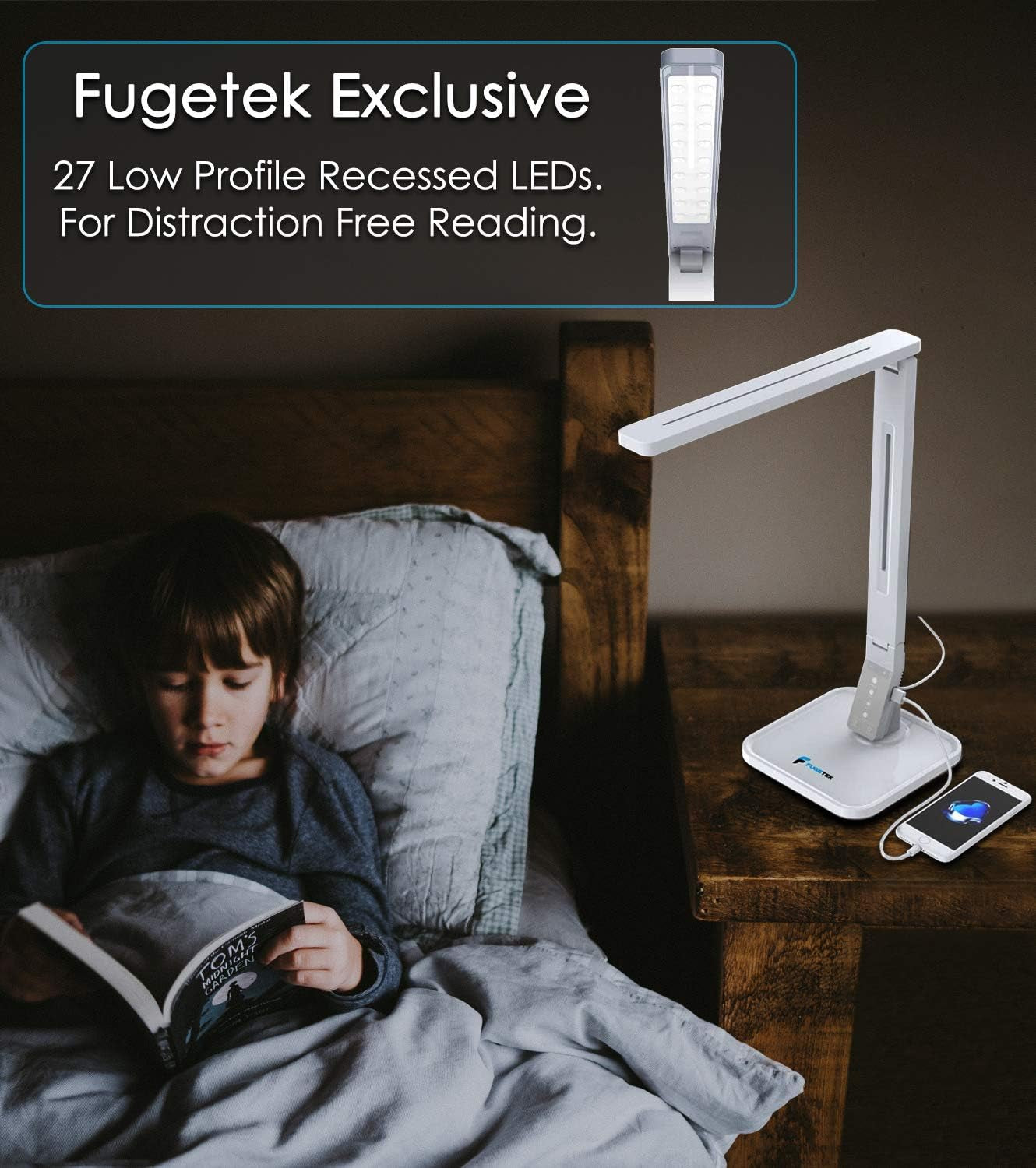 LED Desk Lamp  FT-L798, 5-Level Dimmer, Touch Control Panel, 1-Hour Auto Timer, 5V/1A USB Charging Port - Jet Black (White)