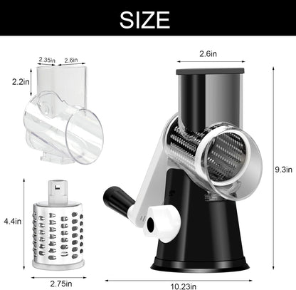 Rotary Cheese Grater Hand Crank Cheese Shredder for Fresh Cheese, Vegetable, Nuts,Non-Slip Suction Base, Free Cleaning Brush Three Blades, Black