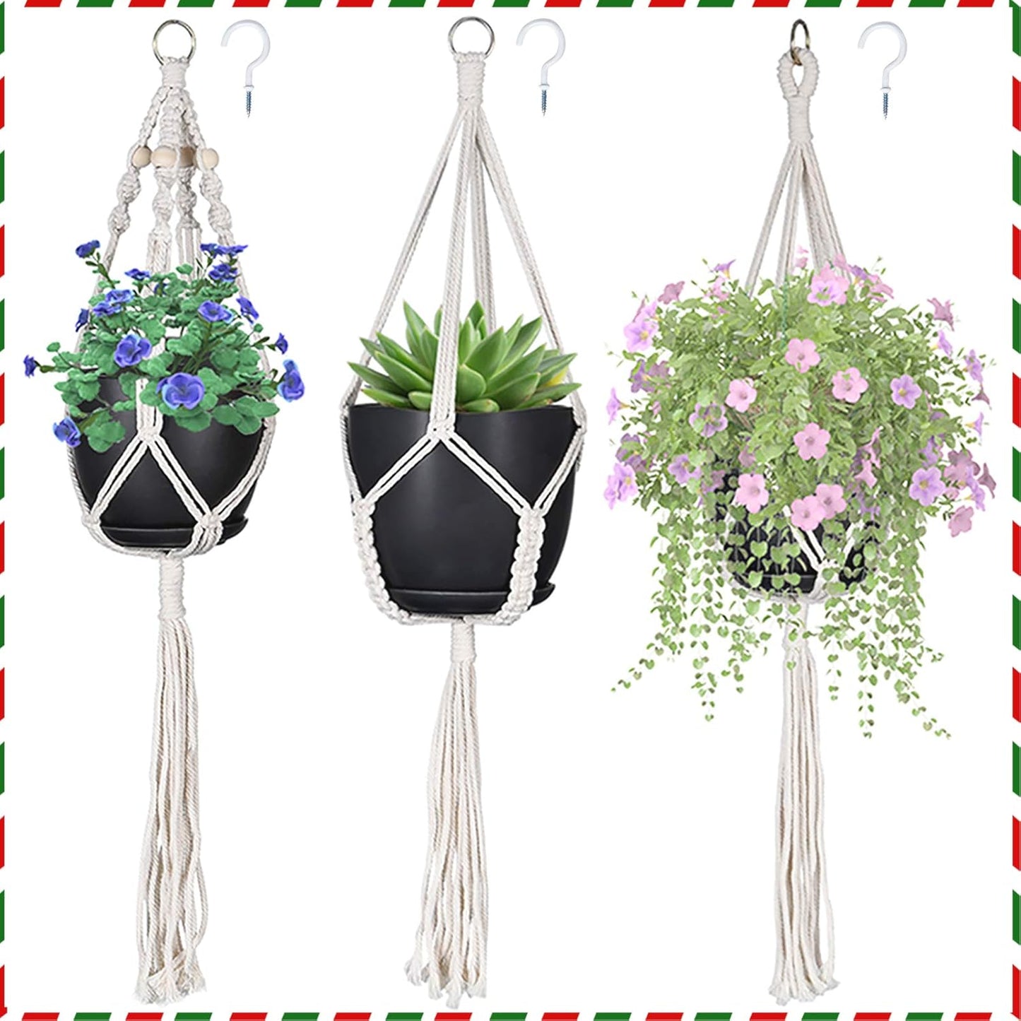 Macrame Plant Hangers, Hanging Planters Set of 3 with 3 Hooks, Hanging Planters for Indoor and Outdoor Plant Décor, (Same Size)