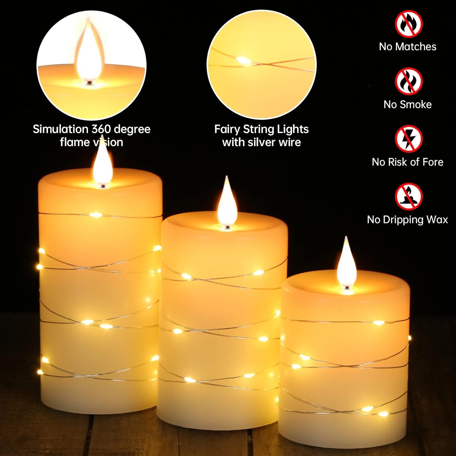 Flameless Candles with String Lights，Battery Operated Candles,Led Flickering Candles with Remote Control and Timer, Real Wax, 3 Pack-Ivory